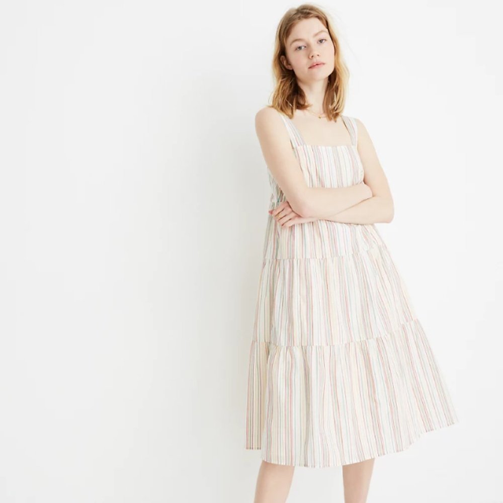 Madewell Button-Back Tiered Midi Dress in Textural Rainbow Stripe Size 8